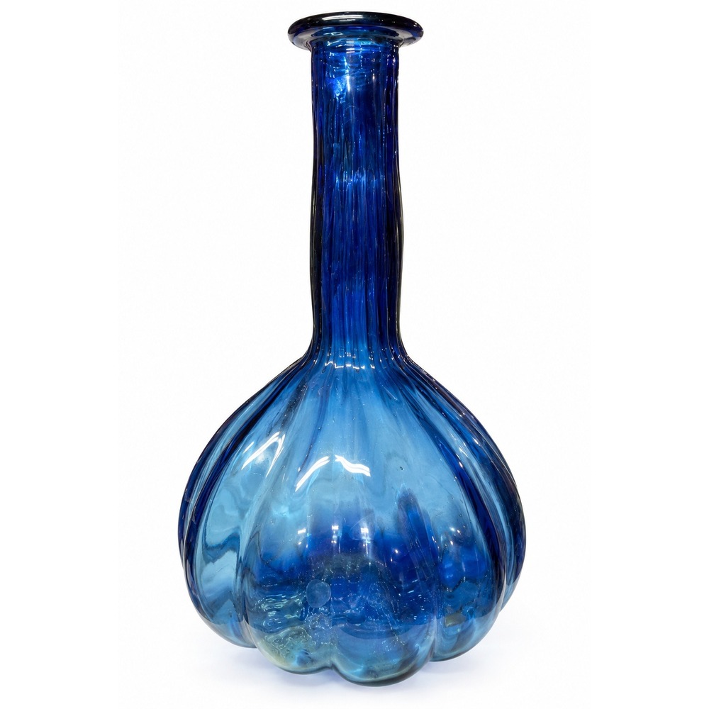 Vintage Hand Blown Blue Art Glass Vase Scalloped Bulbous Bottle Neck 11" Tall OS